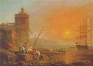 A Mediterranean Coastline At Sunset With Fisherfolk On The Shore, A Man-o'-war Moored Beyond