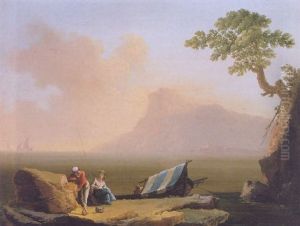 An Evening Landscape With Figures Fishing In A Mediterranean Harbour Off Gaeta by Charles Francois Lacroix