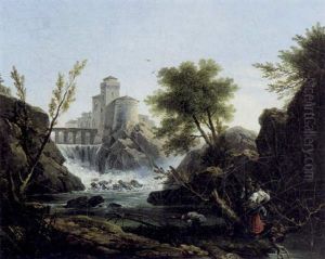 Romantisk Landskab Med Brusende Vandfald Ved En Hojtliggende Borg, I Forgrunden Ungt Par Romantisk Landskab Med Brusende Vandfald Ved En Hojtliggende Borg, I Forgrunden Ungt Par