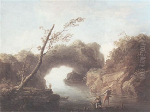 A Coastal Inlet With Figures Fishing In The Foreground And Others Standing On The Bank Beyond - view 1