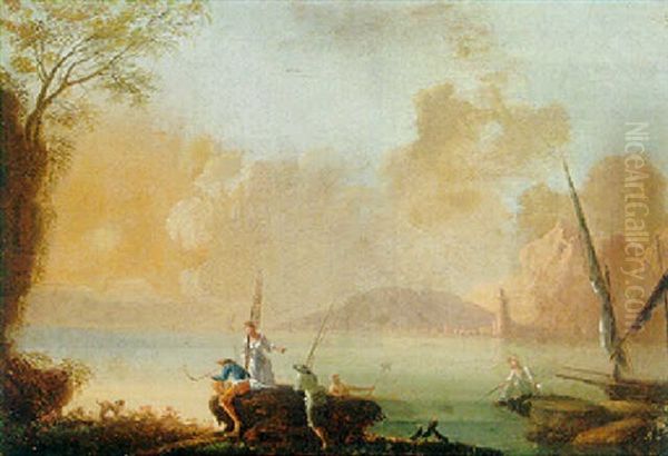 Mediterranean Coastline With Fisherfolk On The Shore - view 1