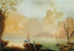 Mediterranean Coastline With Fisherfolk On The Shore