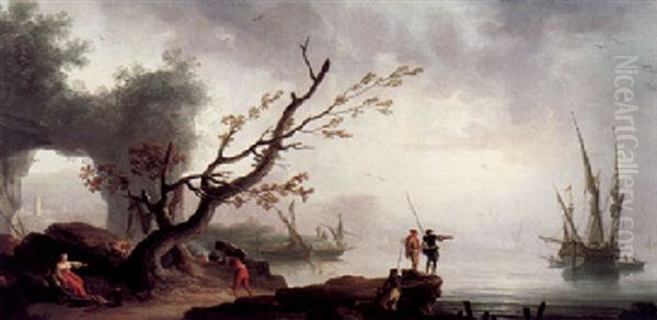 A Coastal Landscape By Moonlight With Figures Conversing On The Rocky Shore - view 1
