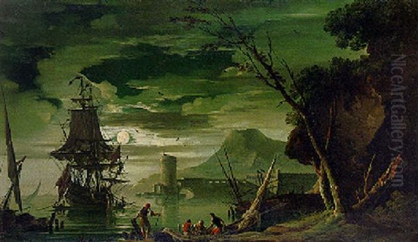 Port Scene With Fishermen In The Moonlight - view 1