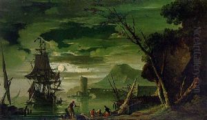 Port Scene With Fishermen In The Moonlight