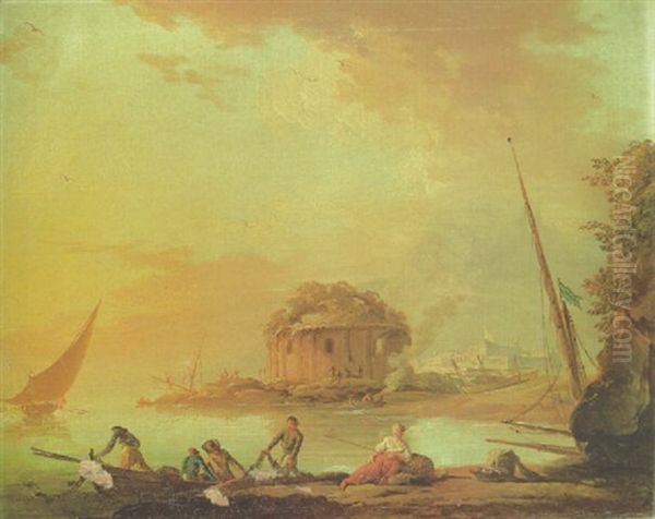 Fisherfolk Pulling In Their Nets At Dusk By A Mediterranean Harbour, A Classical Ruin Beyond - view 1