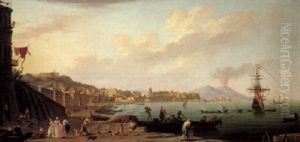 Naples, A View Of The Bay Of Naples Seen From Mergellina, Mount Vesuvius Erupting In The Distance by Charles Francois Lacroix