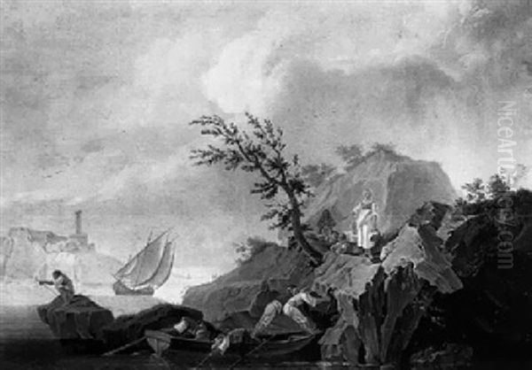Figures In A Rocky Coastal Inlet - view 1
