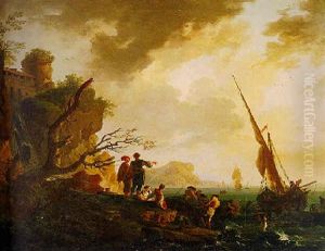 A Mediterranean Seascape With Fishermen And Other Figures By A Rocky Shoreline