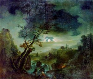 Paysage De Cascade Au Clair De Lune Anime De Pecheurs by Charles Francois Lacroix