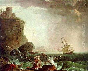 Survivors From A Shipwreck On A Rocky Coastline In A Storm by Charles Francois Lacroix