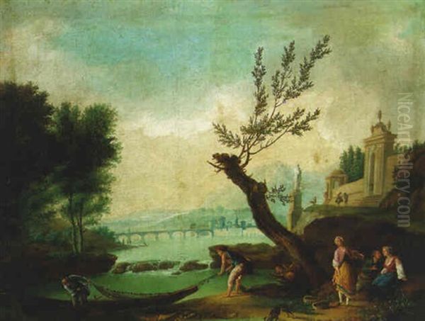 A River Landscape With Fisherman Pulling In A Net - view 1