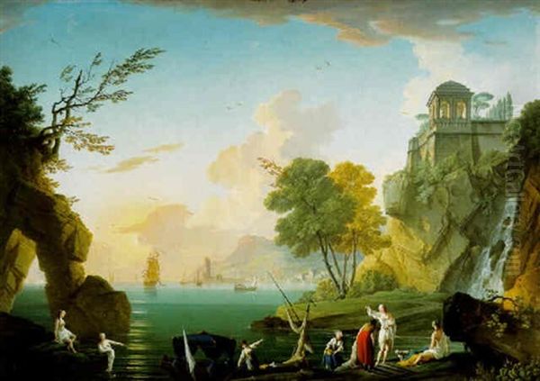 A Mediterranean Harbor At Sunset With Women Bathing By A Waterfall - view 1