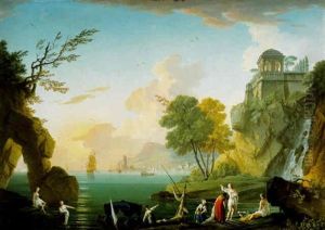 A Mediterranean Harbor At Sunset With Women Bathing By A Waterfall by Charles Francois Lacroix