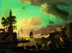 A Mediterranean Coastal Inlet With Fisherfolk On The Shore, A Classical Temple Beyond