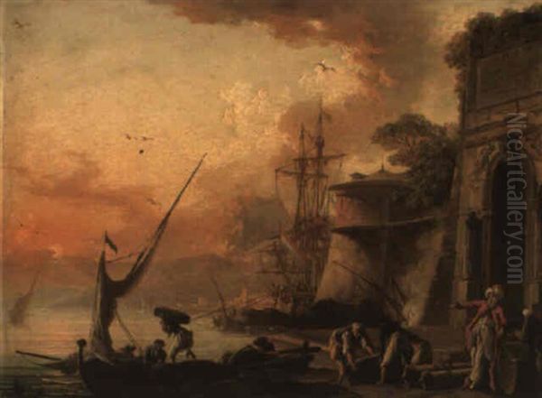 Le Lever Du Soleil: Bateau Devant Des Marchands Dans Un Port Mediterraneen - view 1