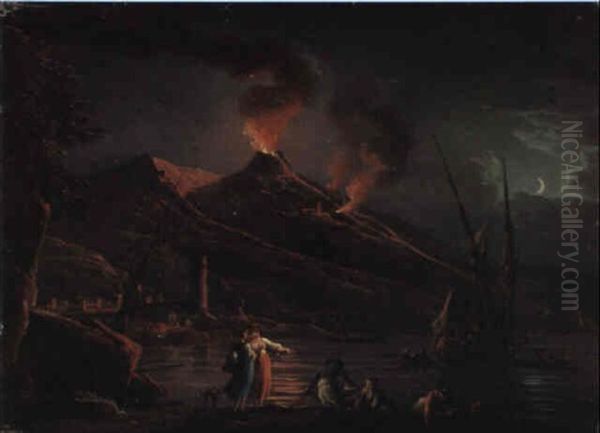 A Capriccio View Of Vesuvius Erupting At Night, With Fisherfolk - view 1