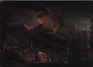 A Capriccio View Of Vesuvius Erupting At Night, With Fisherfolk by Charles Francois Lacroix