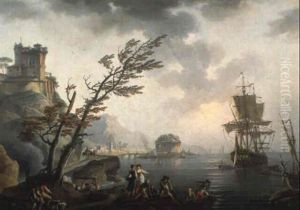 Pecheurs Pres D'un Rivage Mediterraneen Avec Un Vaisseau Pecheurs Pres D'un Rivage Mediterraneen Avec Un Vaisseau