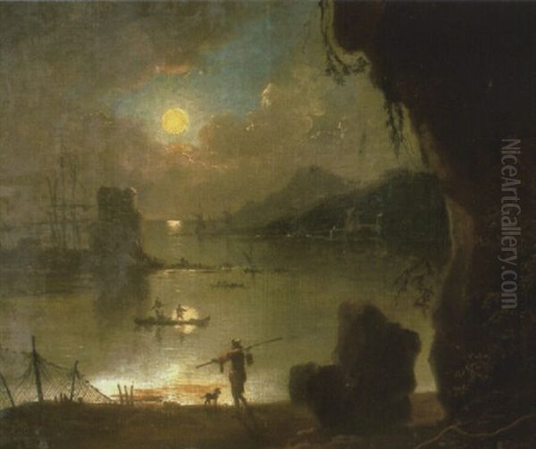 Moonlit Harbor With Fisherman And Dog By Shore - view 1