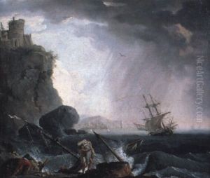 Felsige Kustenlandschaft Mit Gestrandetem Schiff by Charles Francois Lacroix