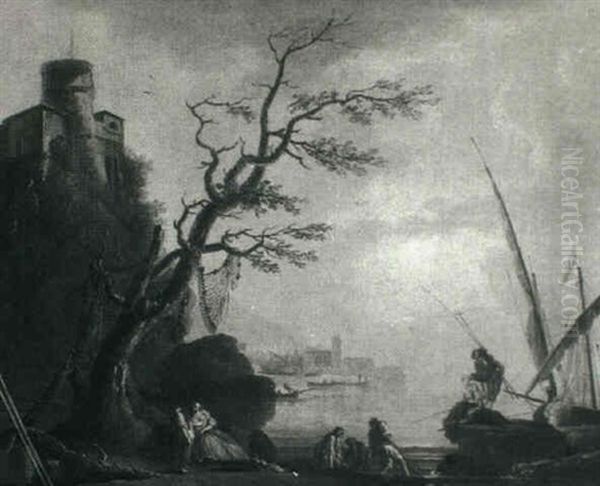 Harbor Scene At Daybreak With Fishermen Hanging Nets - view 1