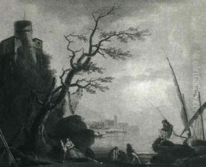 Harbor Scene At Daybreak With Fishermen Hanging Nets