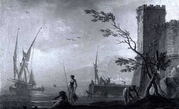Fisherfolk On A Rocky Coast Near A Fortified Port - view 1