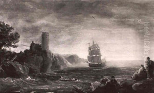 Italienische Kustenlandschaft Mit Einem Segelschiff Und Fischern - view 1