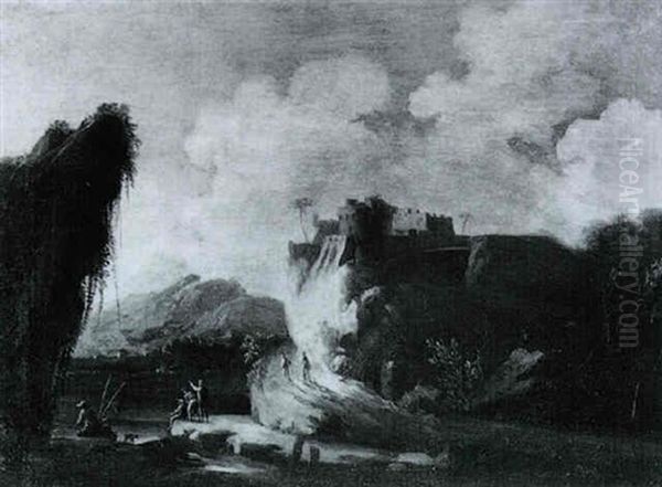 Gebirgige Flusslandschaft Mit Einem Kastell Und Fischern - view 1