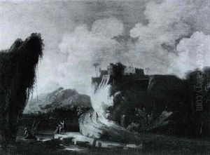 Gebirgige Flusslandschaft Mit Einem Kastell Und Fischern by Charles Francois Lacroix