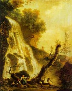 Italianate Landscape With A Waterfall And Figures Below Including A Fisherman Pulling In His Net by Charles Francois Lacroix