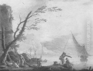 A Mediterranean Harbour Scene With Fishermen By A Ruined Tower by Charles Francois Lacroix
