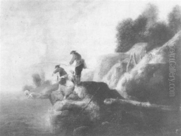 A Coastal Landscape With Anglers On Rocks By A Waterfall - view 1