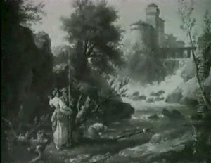 Fisherfolk And A Washerwoman On A Riverbank, A View Of Tivoli Beyond by Charles Francois Lacroix