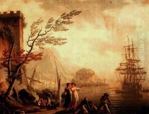 A Mediterranean Harbour Scene At Sunset by Charles Francois Lacroix
