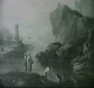 Pecheurs Dans Des Rochers Pres D'un Port by Charles Francois Lacroix