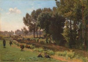 Sommerlandschaft Mit Weidevieh Und Bauern An Einem Fluss by Gaspard-Jean Lacroix