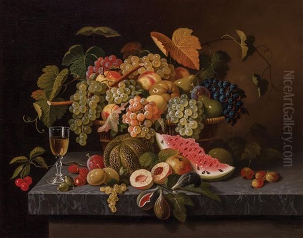 Fruit And Wine Glass On Marble Tabletop - view 1