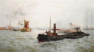 Thames Scene With Barges In The Foreground by Charles John de Lacy