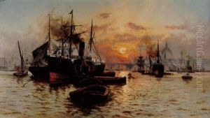 Merchant Ships And Barges At Anchor On The Thames, Before St. Paul's Cathedral At Sunset by Charles John de Lacy