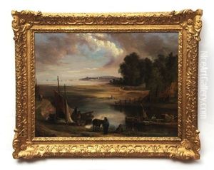 River Landscape With Figures And Boats by Henry Ladbrooke