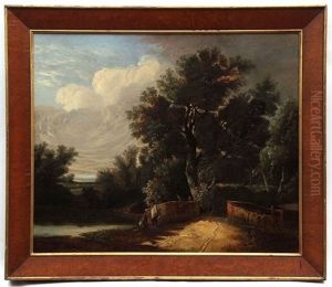 Country Landscape With Figures Near A River And Bridge by Henry Ladbrooke