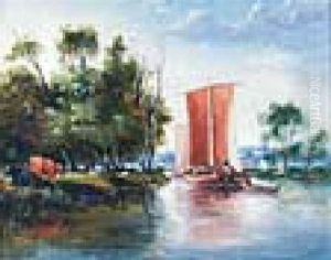 A Norfolk Keel Boat On A Bend In The River by Henry Ladbrooke