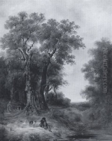 Woodland Scene With A Sportsman Resting By A Brook - view 1