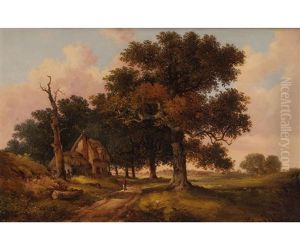 Wooded Landscape With Figure By A Cottage by John Berney Ladbrooke