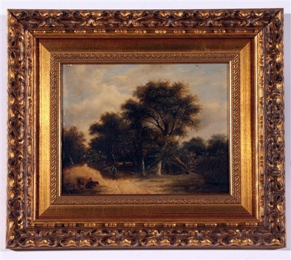 Wooded Landscape With Figure And Donkeys In A Lane - view 1