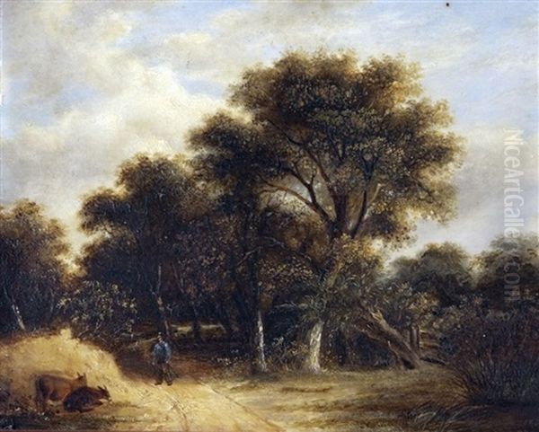 Wooded Landscape With Figure And Donkeys In A Lane - view 1