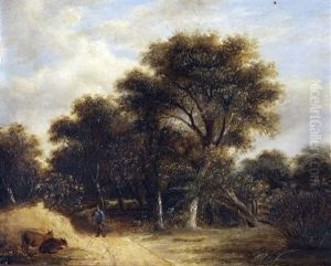 Wooded Landscape With Figure And Donkeys In A Lane by John Berney Ladbrooke
