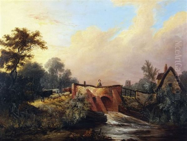 River Landscape With Figure, Cattle, Sheep On A Bridge, Cottage And Church Beyond - view 1
